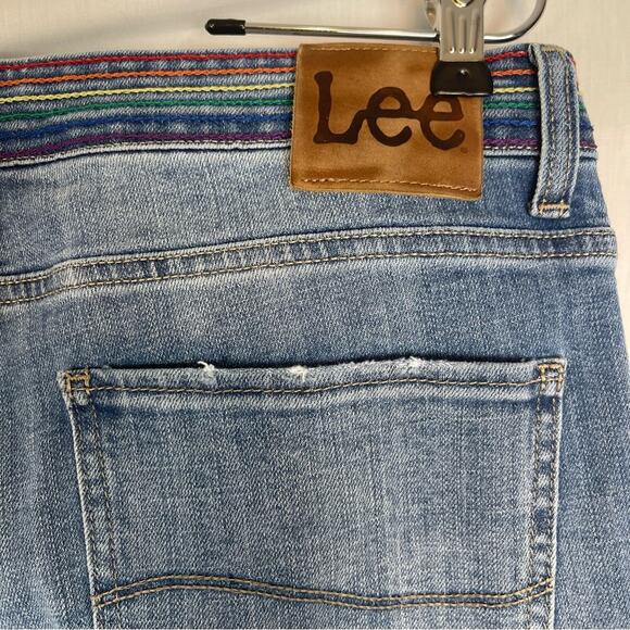 Lee Rainbow Striped Y2K Kick Flare Button Fly Blue Ankle Jeans Size 12 - Picture 6 of 9